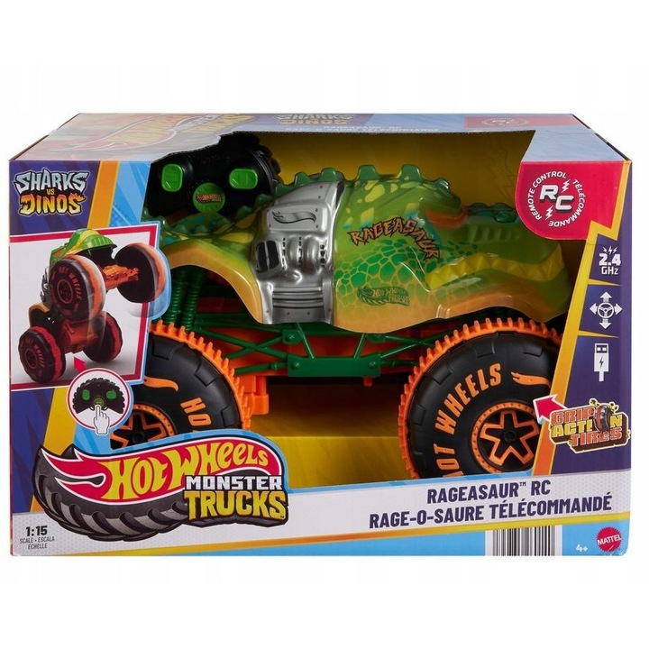 Количка Hot Wheels Monster Truck R/C Rageasaur 1:15, контролирана с дистанционно управление, многоцветна