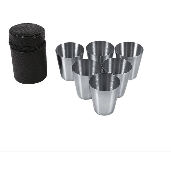 Set 6 pahare, Inox, Acoperire estetică din piele ecologică, capacitate 30 ml, LRTM, Argintiu, Negru