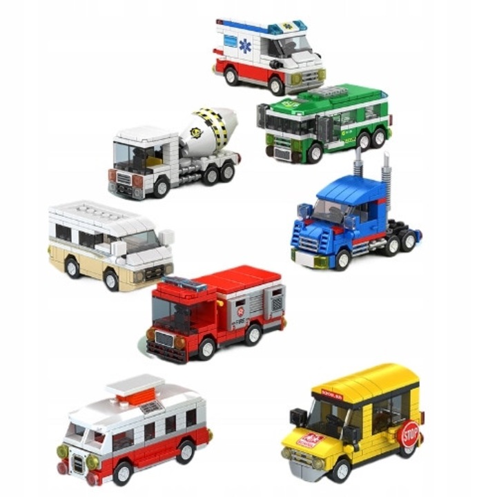 Építőkészlet, Építőelemek, 8 az 1-ben, Városi járművek, 12 modell, Mentőautó, Betonkeverő, Busz, Teherautó, Tűzoltóautó, Hullámvasút, Iskolabusz, Mikrobusz, 6 év feletti gyermekeknek, Többszínű, A készlet 8 járművet tartalmaz