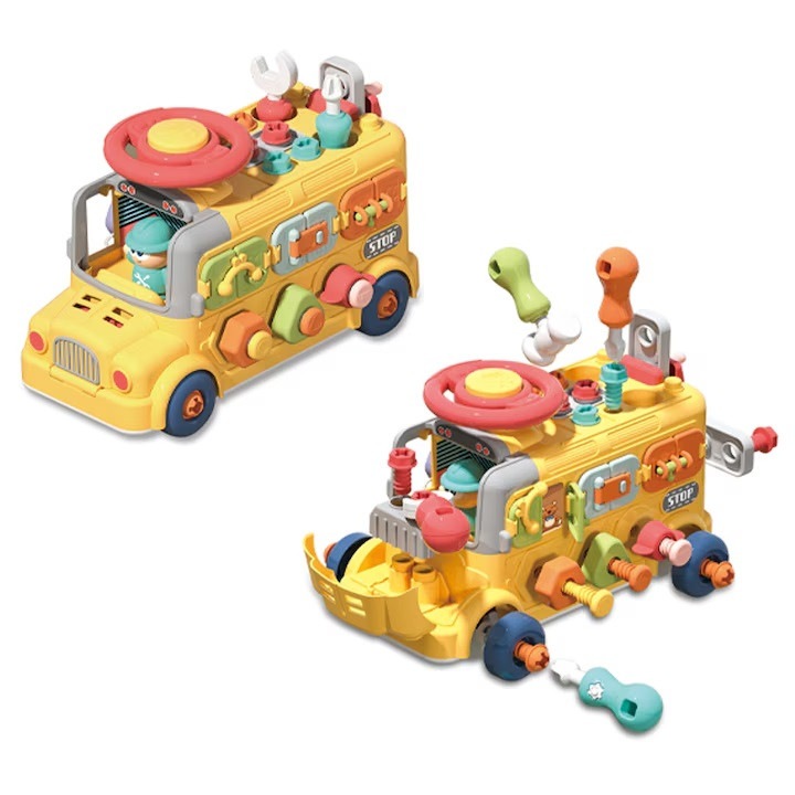 Jucarie autobuz interactiv pentru copii Malplay, multifunctional si educativ, design versatil cu accesorii multiple, dimensiune 27 x 15 x 20 cm