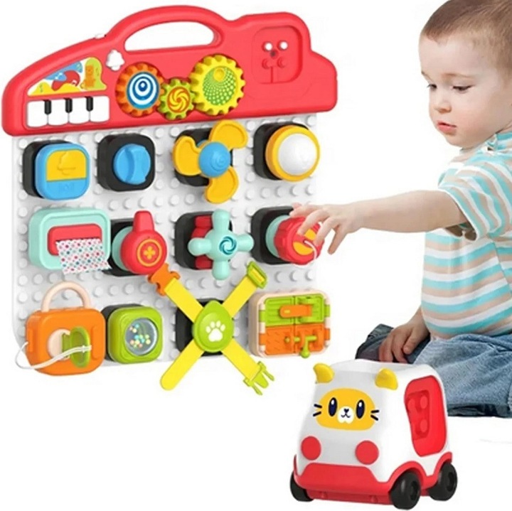 Jucarie busy board multifunctional pentru copii, Malplay, cu pian, zornaitoare, elice rotativa, panou cu lumini si masinuta pisoi inclusa