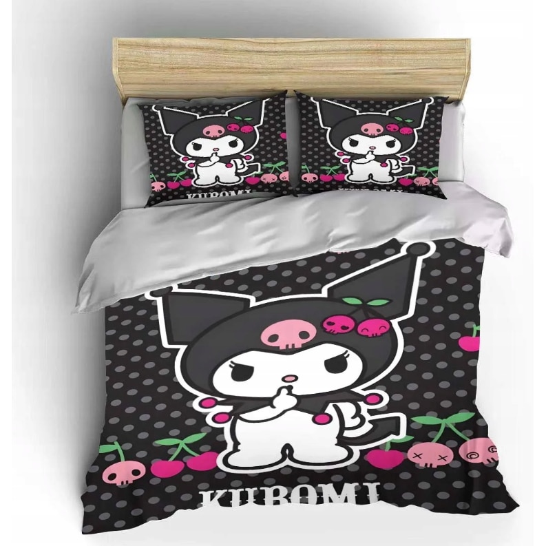 Set lenjerie de pat Kuromi Hello Kitty, 3 piese, microfibra, alb