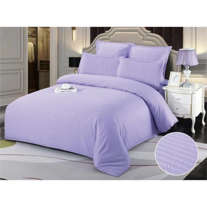 Kétszemélyes Damaszt Ágynemű Szett, 6 részes, Delux, Lepedő 220 x 240 cm, Paplanhuzat 200 x 230 cm, 2 Párnahuzat 50 x 70 cm, 2 Párnahuzat 75 x 75 cm, Lila