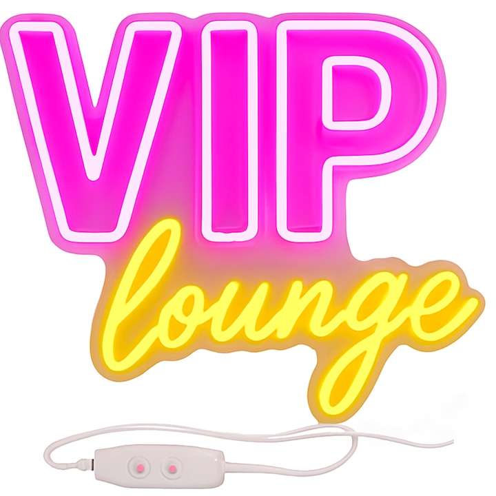 Panou Neon LED „VIP lounge” roz/fucsia si galben cald, 40x30cm — decor premium cu o nota de exclusivitate, reclama luminoasa Temark®