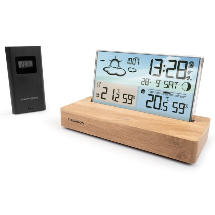 Метеорологична станция с будилник Thomson, мониторинг на вътрешна и външна температура, цветен дисплей, 17,2x8x10см