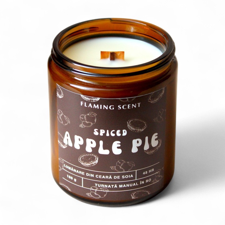 Lumanare parfumata din Soia cu fitil din lemn, Flaming Scent, Spiced Apple Pie, handmade, ceara naturala, ardere 48 h, 180 g