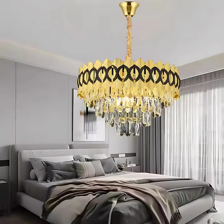 Candelabru Cristal PIERREFONDS Eleganza, 8xE14, Diametru 48.5, Inaltime Reglabila, IP20, Auriu, Becuri Neincluse