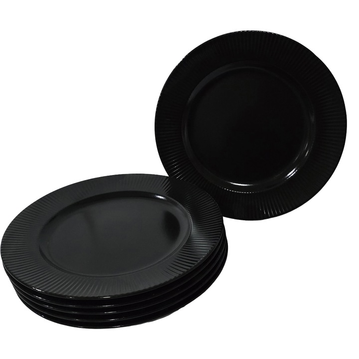 Set 6 farfurii intinse Cesiro, Negru Mat, 27cm, striatii pe margine