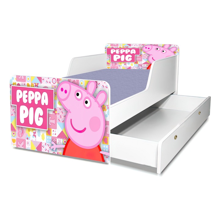 Детско легло Peppa Pig, 160x80 см, с чекмедже, предпазна решетка и матрак
