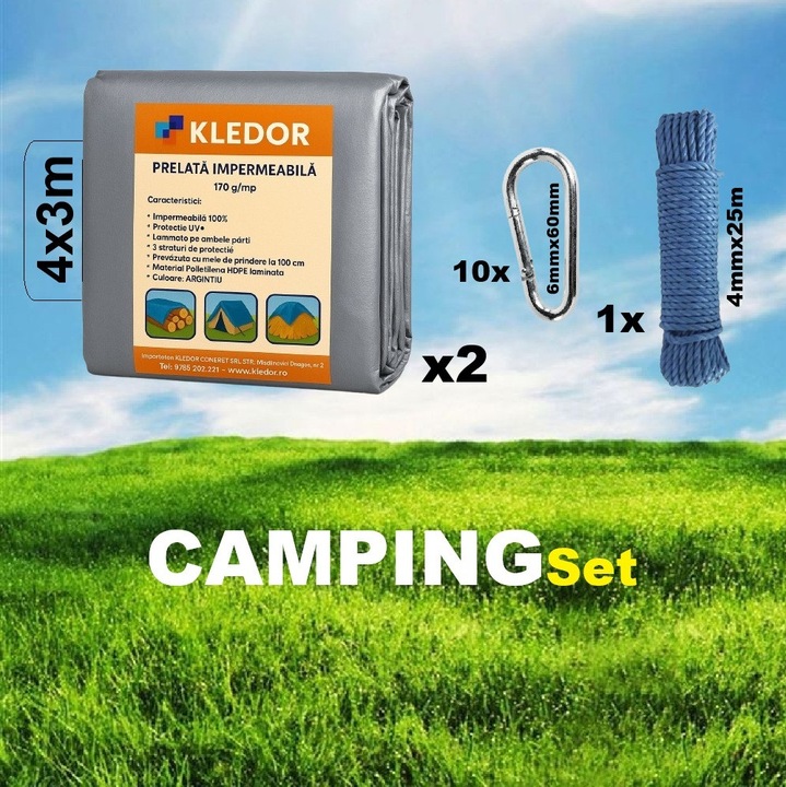 2x Prelata impermeabila Kledor 4x3m, 170 g/mp, argintie UV+ cu inele (Camping set)