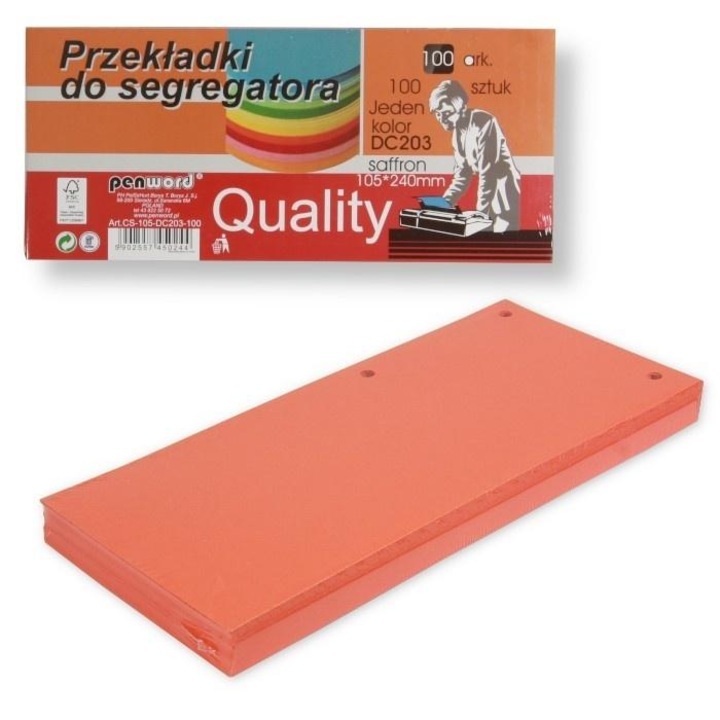 Elválasztólapok iratrendezőhöz, Penword, 100 darab, narancssárga, 235x105mm