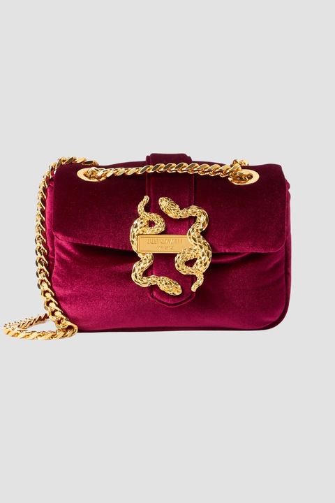 Just Cavalli női táska, Iconic Snakes Puffy modell, málnaszínű, mérete 30x20cm, fekete pánttal.