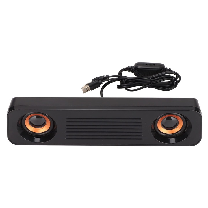 Soundbar Corenia QRE-5040396, boxa desktop compacta cu fir, USB + jack 3,5 mm, stereo Hi-Fi 2.0 cu efect 360°, negru