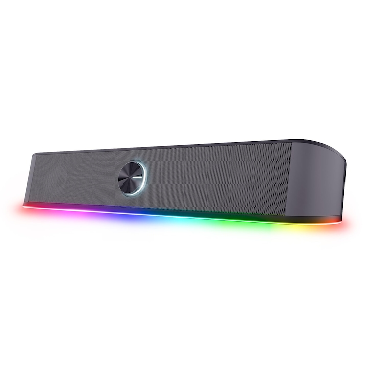 Soundbar Corenia QRE-5083090 cu iluminare RGB, 12 W peak (6 W RMS), 2 difuzoare, intrare 3,5 mm, alimentare USB, gri, 400 x 70 mm