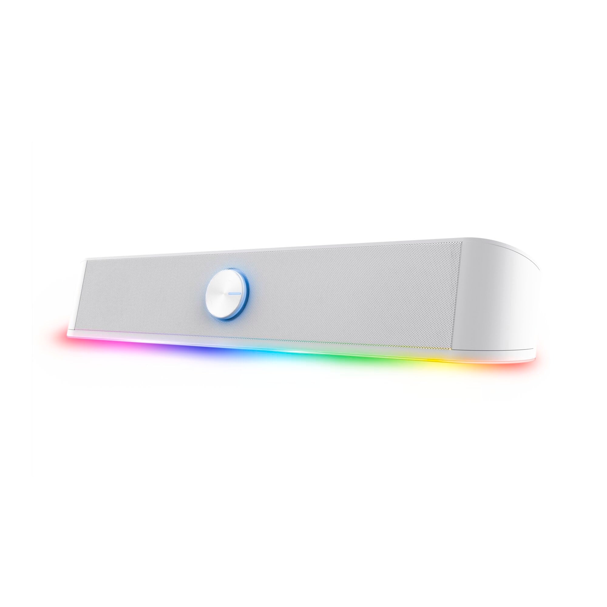 Soundbar Corenia QRE-5083088 cu iluminare RGB, 12 W (6 W RMS), 2 difuzoare, intrare 3,5 mm, alimentare USB, alb, 400 x 70 mm