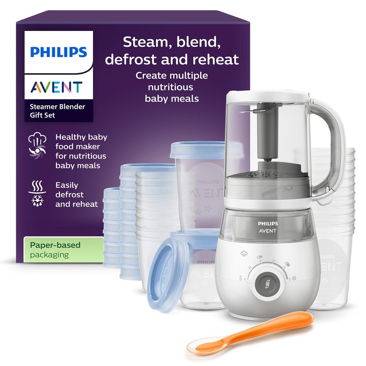 Set Cadou Philips Avent, aparat de gătit la abur și blender, 4 în 1, cu recipiente și capace pentru lapte