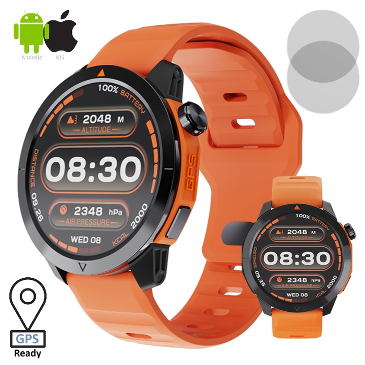 ZENARK® XN7 LITE okosóra, Ultra HD 4K AMOLED kijelző, Ütésálló, Vízálló IP68 3 ATM, Iránytű, Integrált GPS, Magasságmérő, Barométer, 24 órás pulzusszám, Alvás, Vérnyomás, SpO2, Légzés, Stressz figyelés, 100+ sportmód, Fekete/Narancssárga