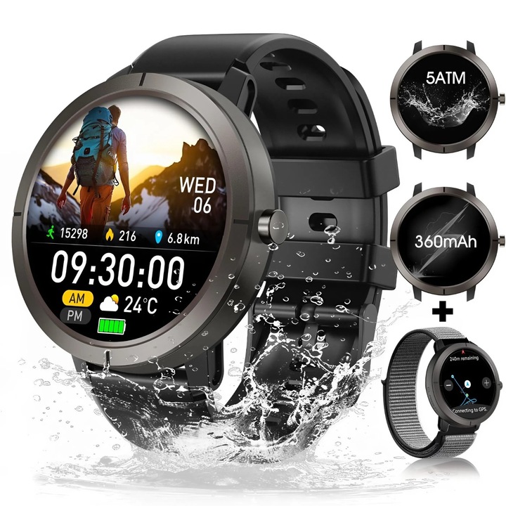 DM76 férfi okosóra, sporthoz és úszáshoz, Bluetooth hívások, 5ATM vízállóság, 1,32" 466x466 AMOLED kijelző, vezeték nélküli értesítések, intelligens fitness óra, beépített többműholdas GPS túrázáshoz, 170+ sportmód, egészségmonitorozás, fekete