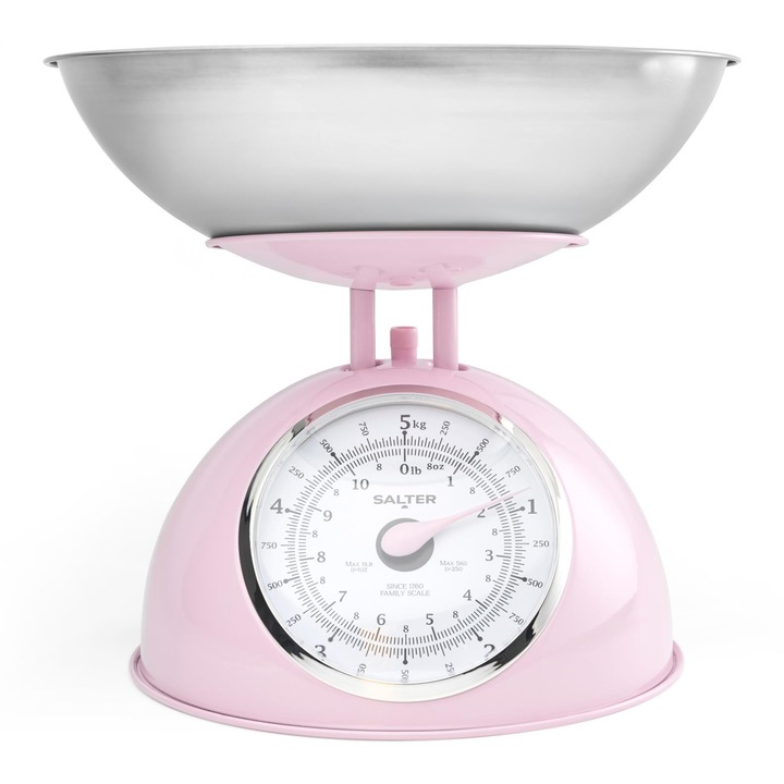 Salter Retro konyhai mérleg, 5 kg, 1 literes tál, rózsaszín, 22 cm magasság