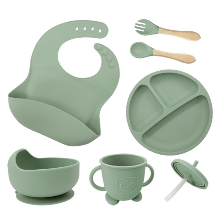 Set de hranire bebelusi 6 in 1 Ælements, din silicon fara BPA, contine Bol, Baveta Reglabila, Cana cu capac si pai, Farfurie, Lingura si Furculita, Verde