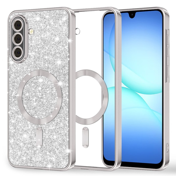Telefontok, Samsung Galaxy A17 5G / A17 4G kompatibilis, DD DaDen® MagSafe Luxury Glitter, kamera védelem, Ultravédelem, átlátszó/ezüst