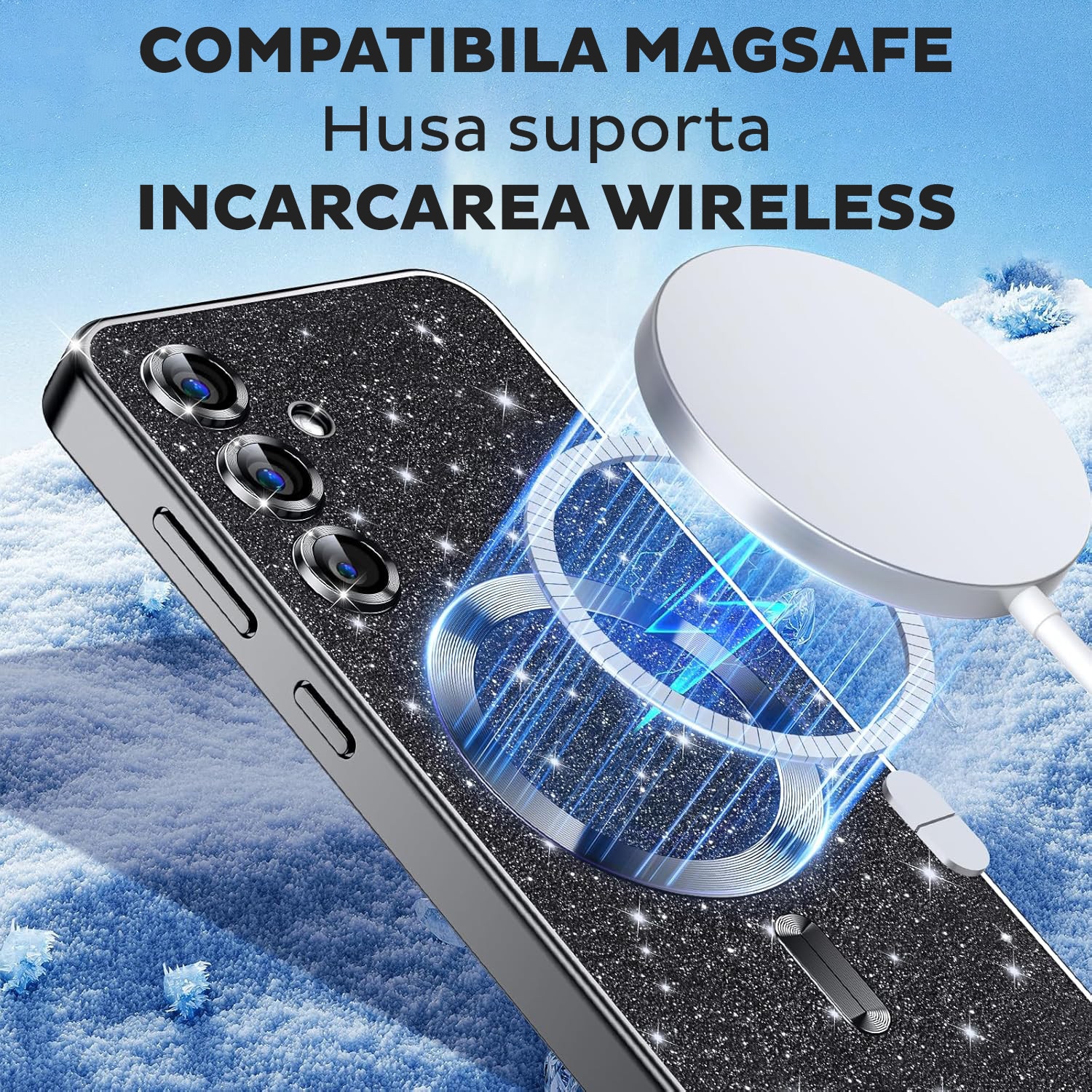 Husa pentru Samsung Galaxy A57 5G DaDen® MagSafe Luxury Glitter, Protectie camera, Incarcare wireless, Ultra Protectie, Mov deschis