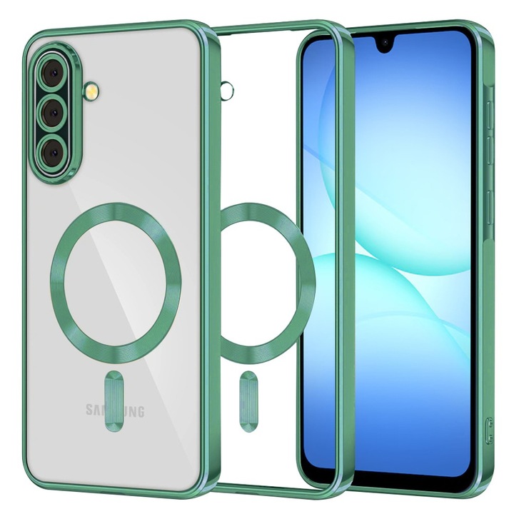 Husa pentru Samsung Galaxy A17 5G / A17 4G DaDen® MagSafe Luxury, Camera védelem, Ultra védelem, Átlátszó világoszöld szegéllyel