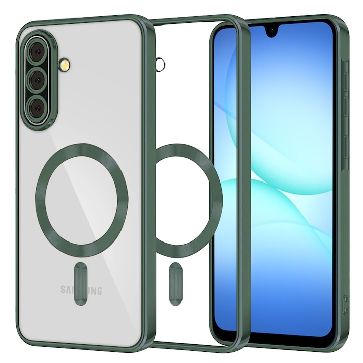 Samsung Galaxy A17 5G / A17 4G kompatibilis DaDen® MagSafe luxus tok, kameravédelem, extra védelem, átlátszó, sötétzöld szegélyekkel