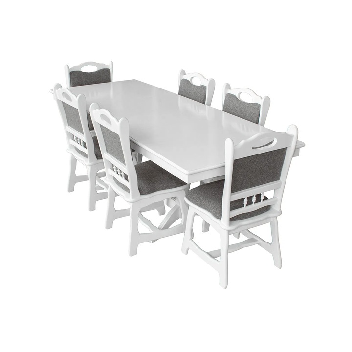 Set masa extensibila Expomob EUROPA dreptunghiulara cu 6 scaune FLANDER, lemn masiv, dimensiuni 160/240x90x70 cm, culoare alb si stofa gri