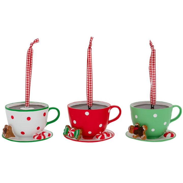 3 darab karácsonyfa dísz szett, kávéscsészék, polirezin, fehér-piros-zöld, 11 cm