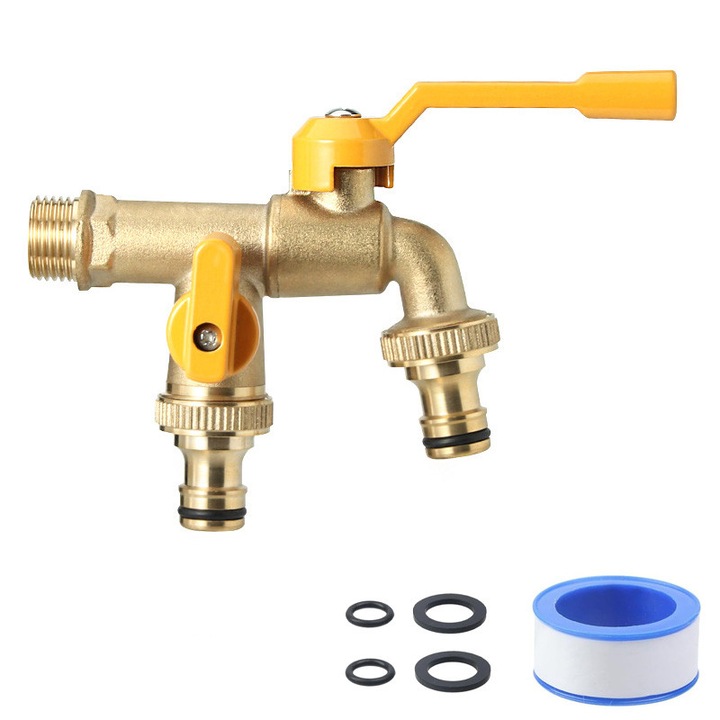 Двоен месингов кран за вода, 1/2 инчов градински кран с двоен изход, двойни изходящи кранове против ръжда и замръзване с 4 конектора за маркуч, подходящ за дом и градина, идеален за поливане на растения, миене на автомобили, LEIISVK