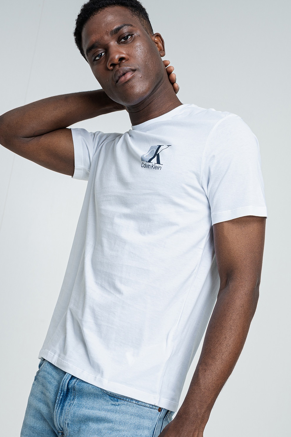 CALVIN KLEIN, Tricou din bumbac cu decolteu la baza gatului, Alb, Albastru inchis, 2XL