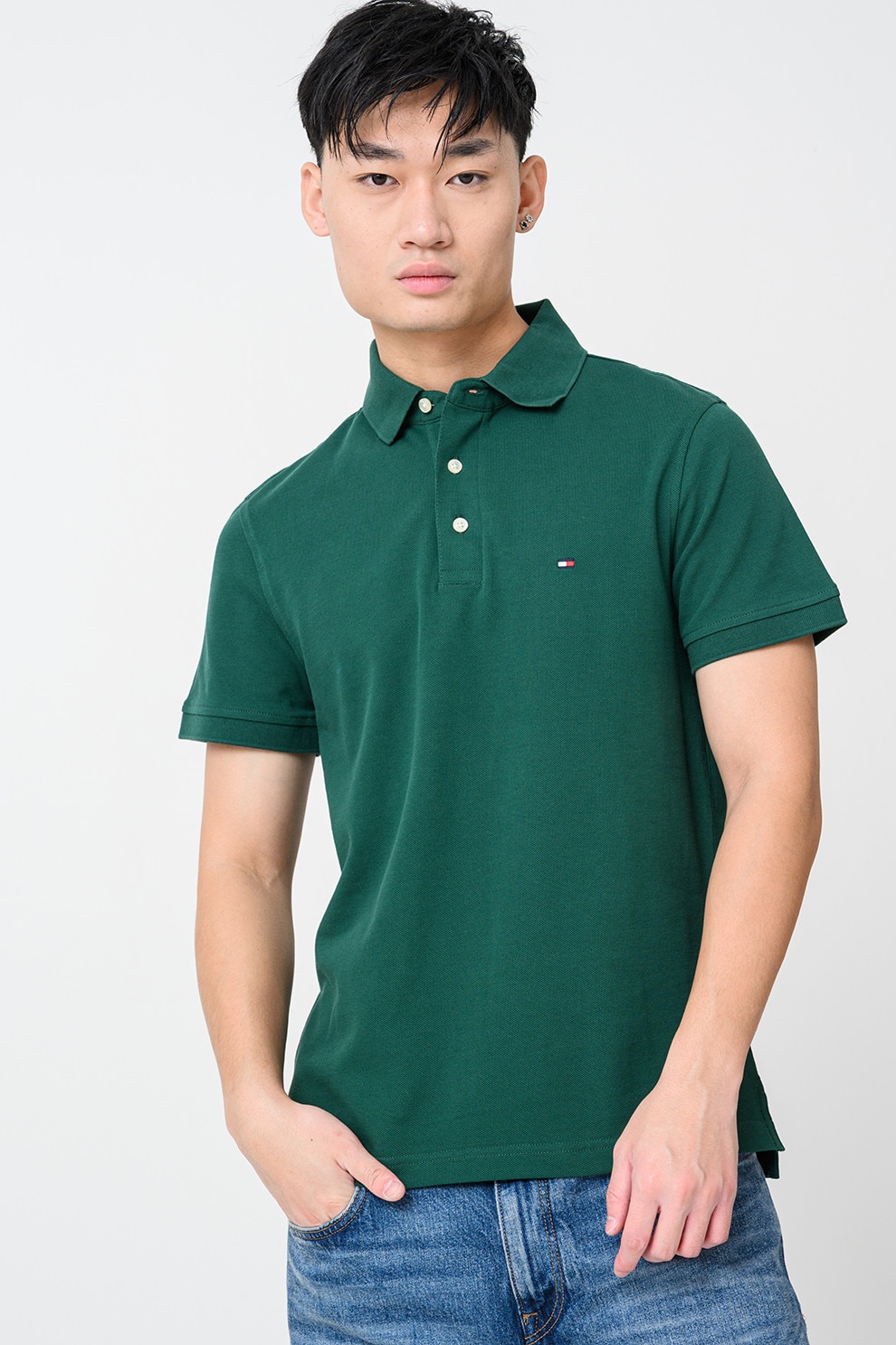 Tommy Hilfiger, Tricou polo slim fit din amestec de bumbac organic, Verde englez, L