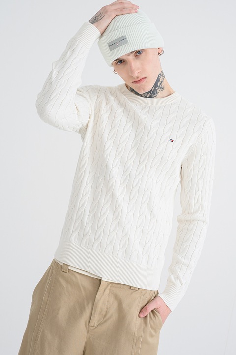 Tommy Hilfiger, Csavart kötésmintás organikuspamut pulóver, Fehér