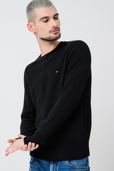 Tommy Hilfiger, Pulover din lana cu logo discret, Negru