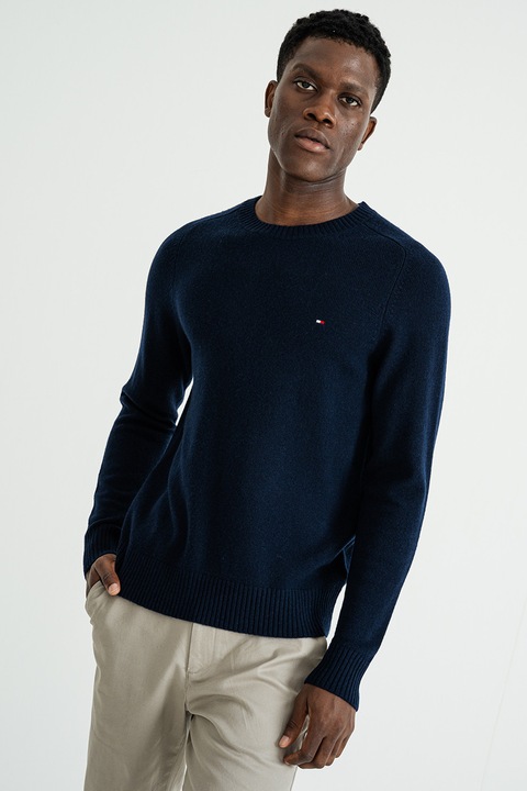 Tommy Hilfiger, Gyapjúpulóver diszkrét logóval, Sötétkék