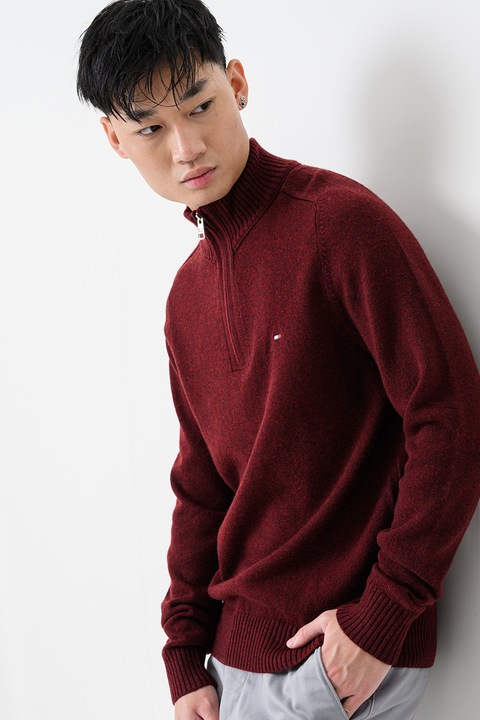 Tommy Hilfiger, Gyapjúpulóver rövid cipzáros nyakkivágással, Szilvalila