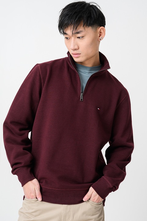 Tommy Hilfiger, Bluza de trening din amestec de bumbac organic cu fermoar scurt, Violet pruna