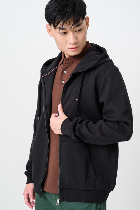 Tommy Hilfiger, Hanorac cu fermoar si logo discret, Negru stins