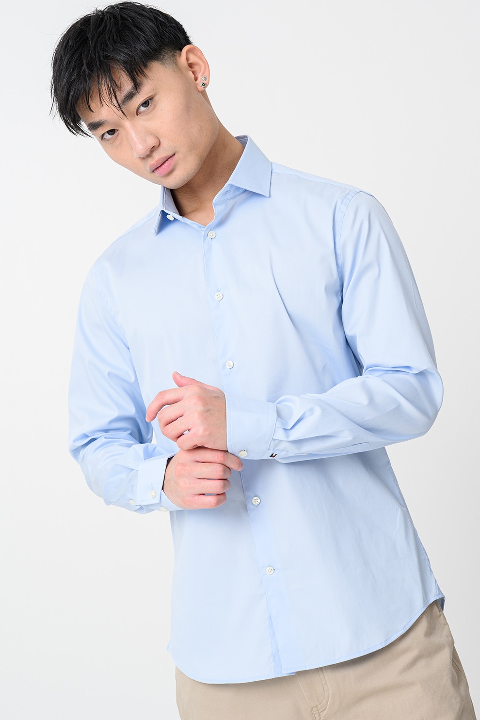 Tommy Hilfiger, Camasa slim-fit din amestec de bumbac cu maneci lungi, Albastru pastel, L