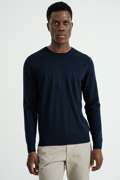 Tommy Hilfiger, Вълнен пуловер с овално деколте, Ултрамарин синьо