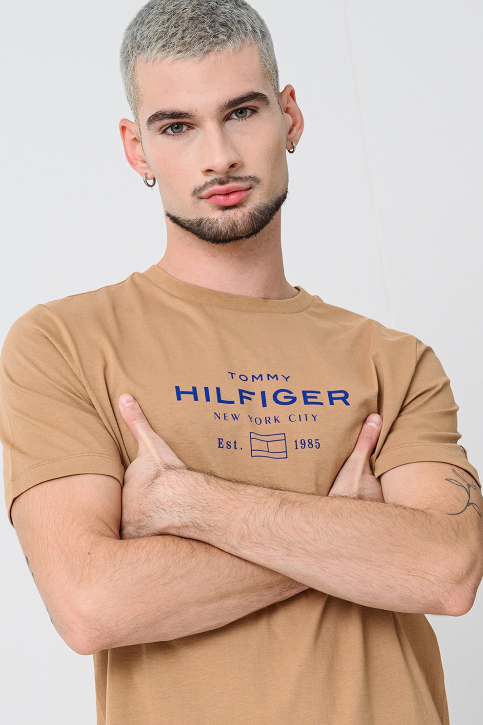 Tommy Hilfiger, Tricou regular-fit cu imprimeu logo, Albastru royal, Caramel, L