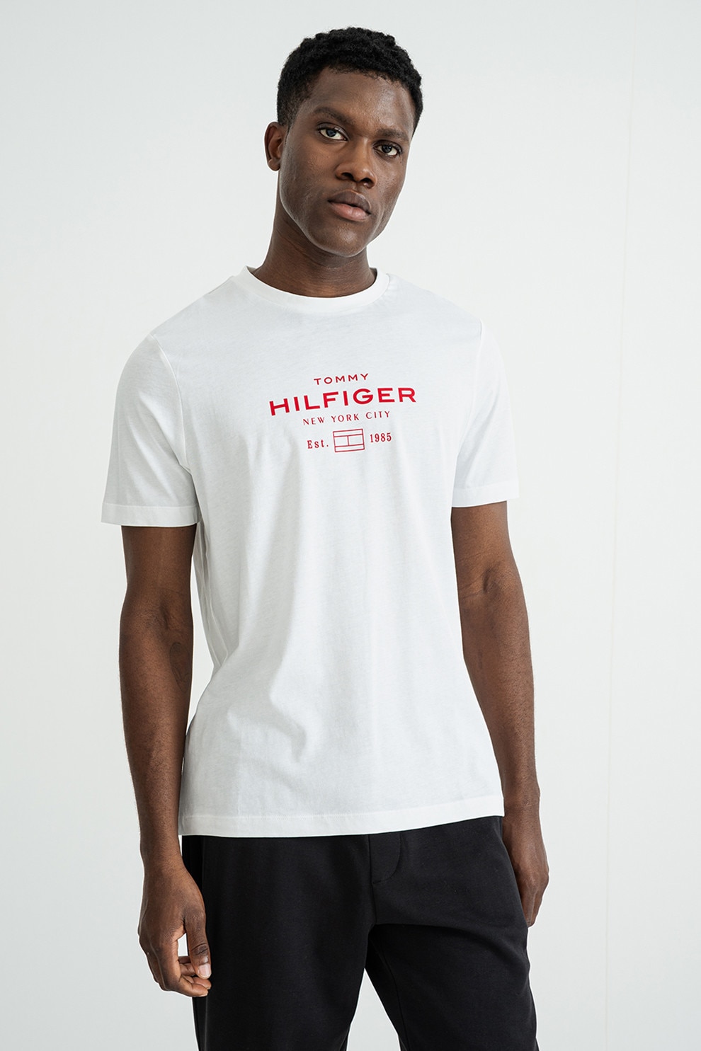 Tommy Hilfiger, Tricou regular-fit cu imprimeu logo, Alb optic, Rosu vermillion, S