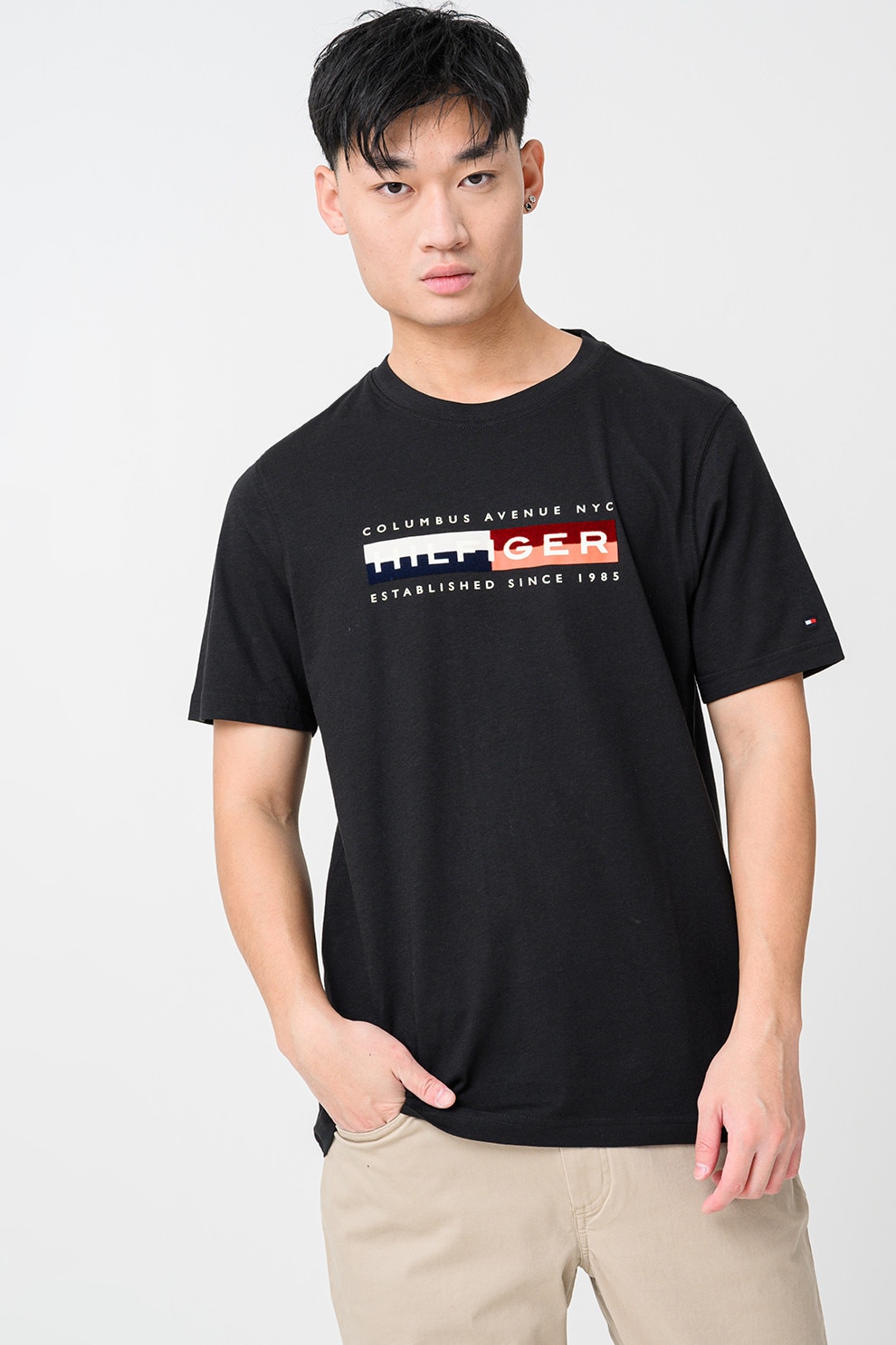 Tommy Hilfiger, Tricou cu decolteu la baza gatului si imprimeu, Rosu, Negru, Bej deschis, M