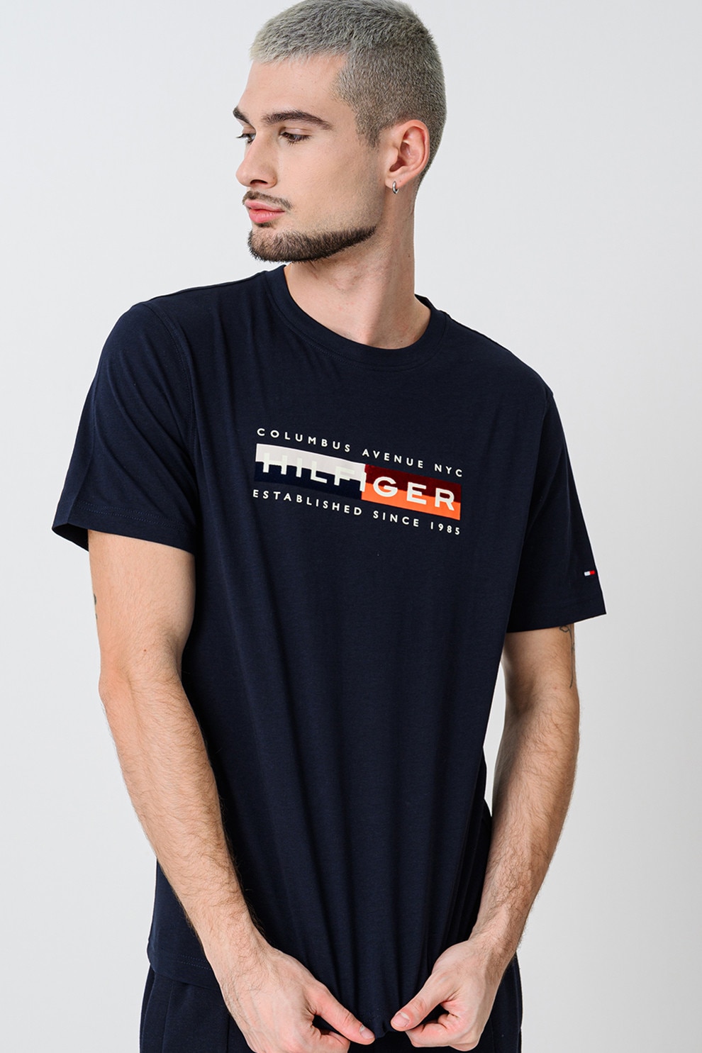 Tommy Hilfiger, Tricou cu decolteu la baza gatului si imprimeu, Alb, Visiniu, Bleumarin, L