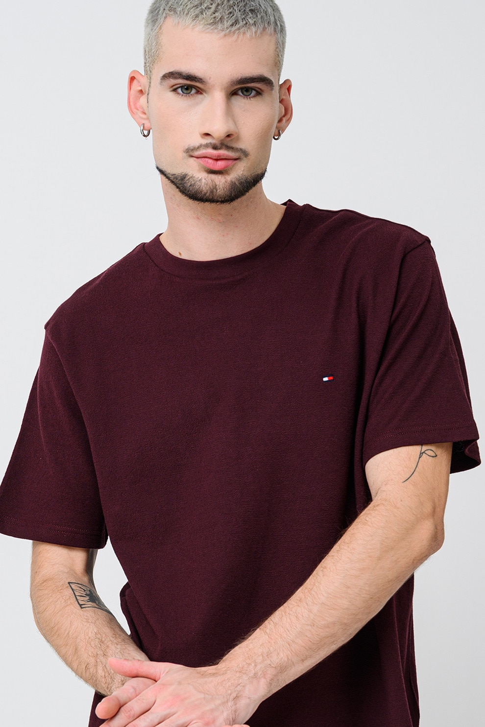 Tommy Hilfiger, Tricou din bumbac cu decolteu rotund, Violet pruna, XL