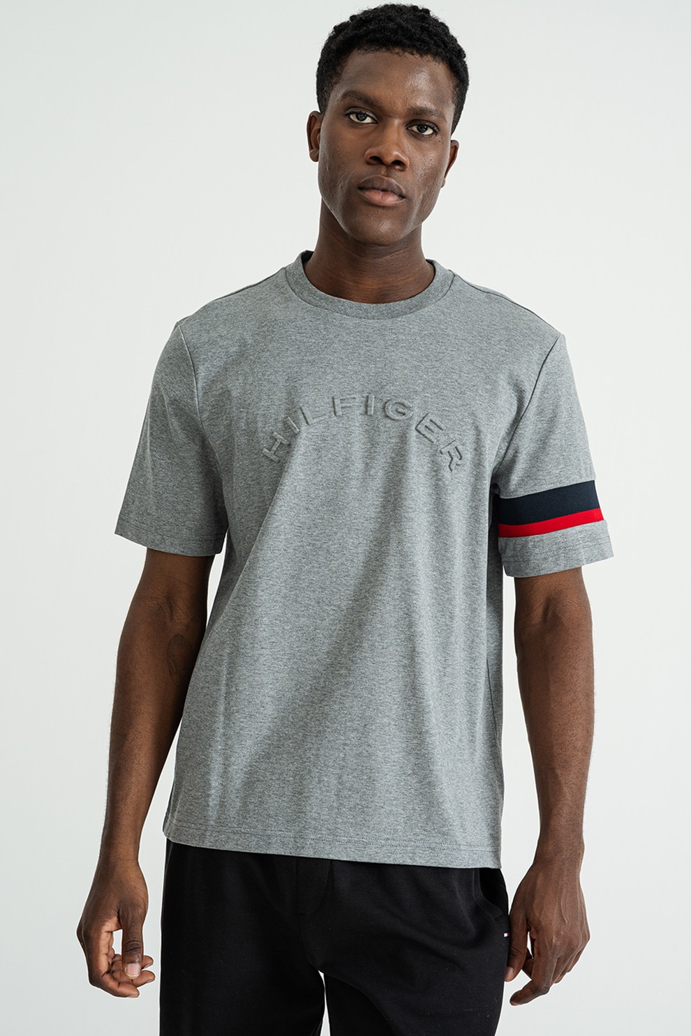 Tommy Hilfiger, Tricou cu logo brodat, Gri inchis melange, L