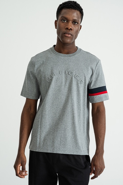 Tommy Hilfiger, Tricou cu logo brodat, Gri inchis melange