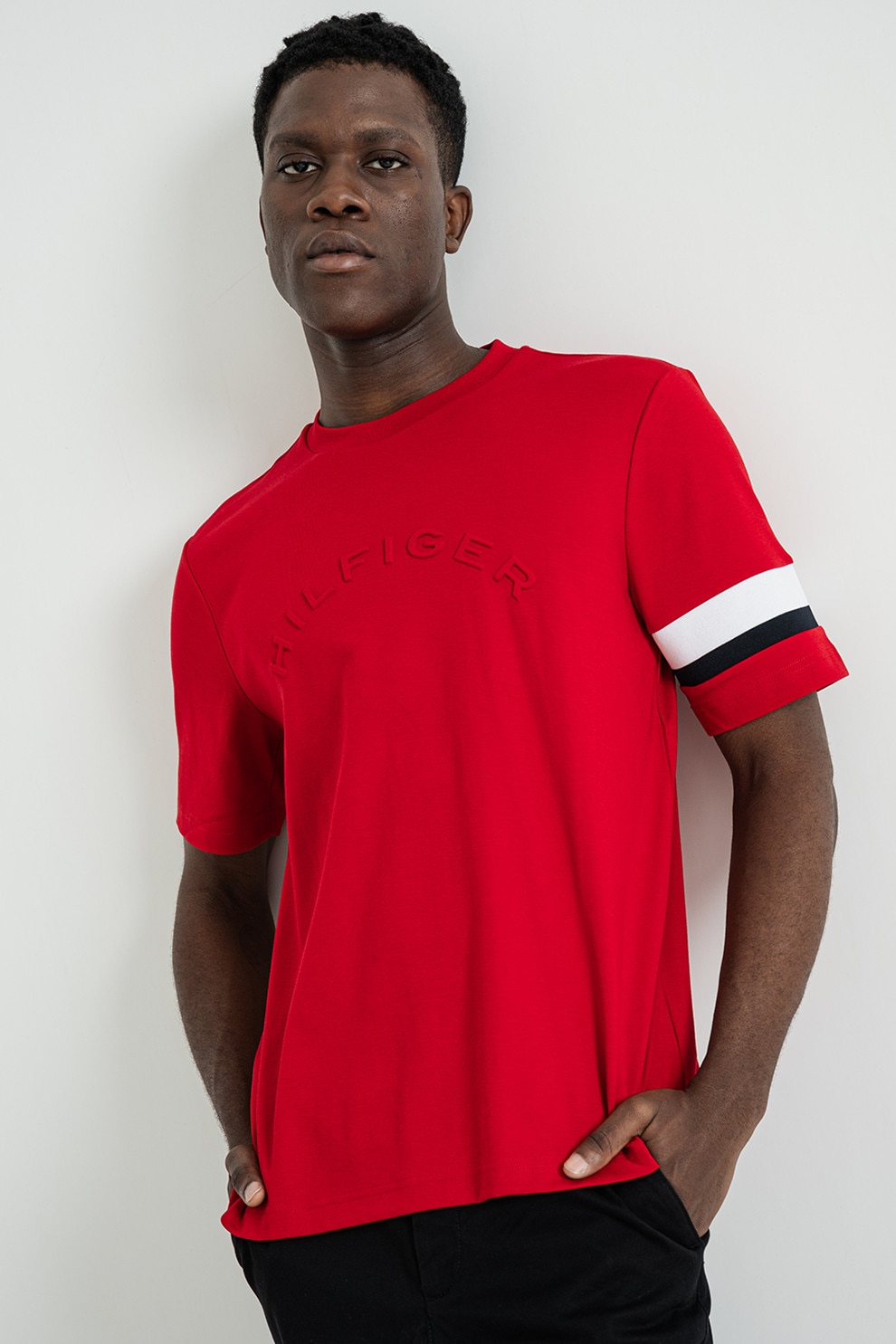 Tommy Hilfiger, Tricou cu logo brodat, Rosu vermillion, XL