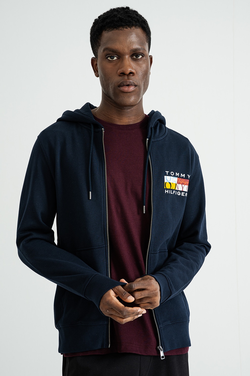 Tommy Hilfiger, Bluza sport cu fermoar si logo brodat Global